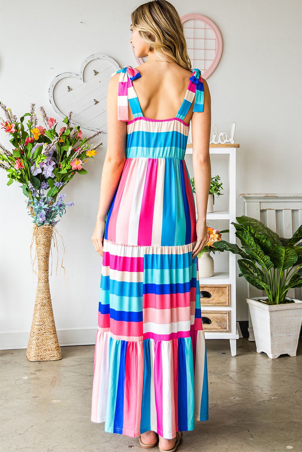 Multicolor Striped Print Bow Knot Straps Sleeveless Maxi Dress-Maxi Dresses-[Adult]-[Female]-2022 Online Blue Zone Planet