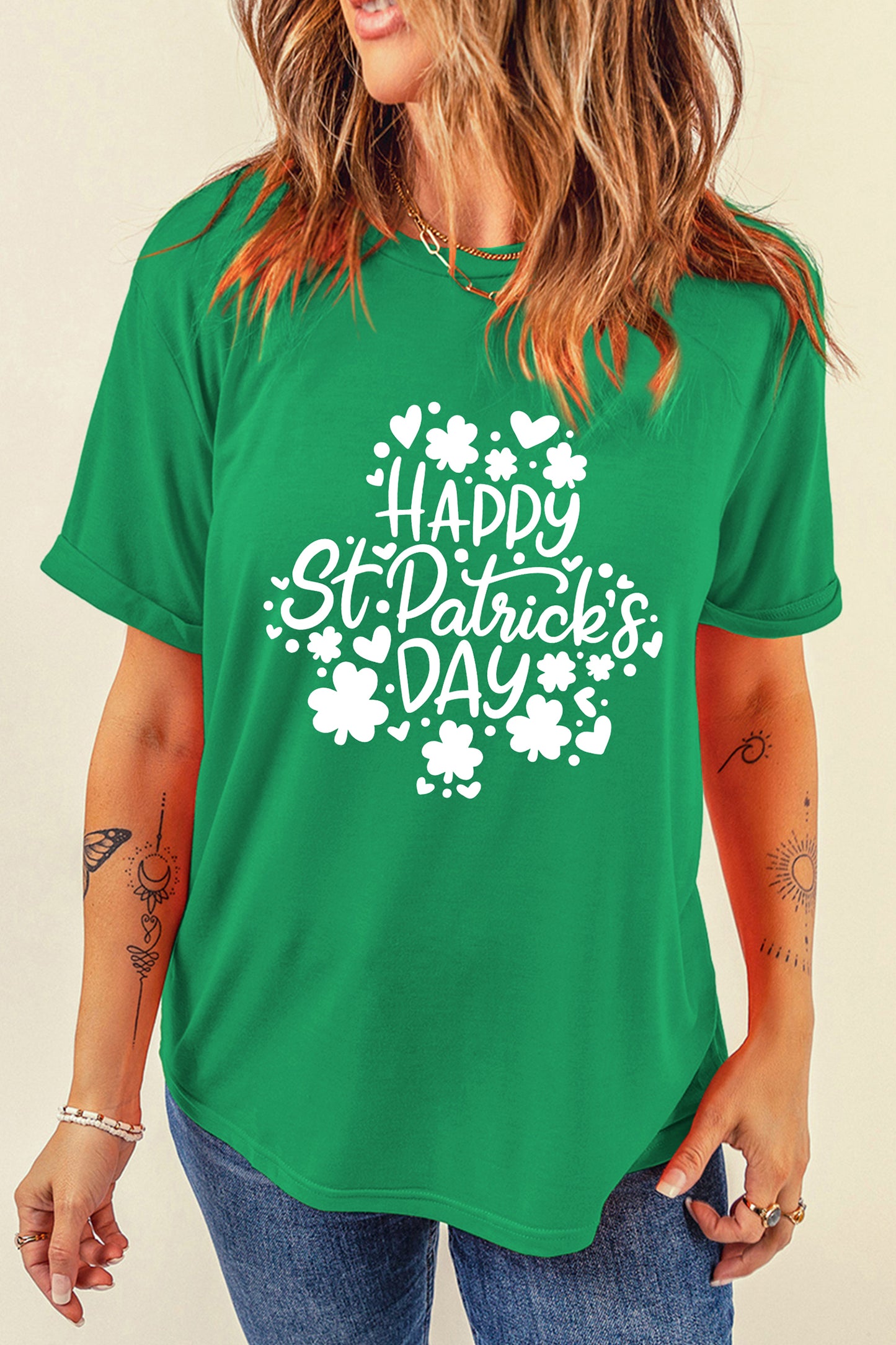 Bright Green Happy St Patricks Day Clover Printed Casual T Shirt-Graphic/Graphic Tees-[Adult]-[Female]-2022 Online Blue Zone Planet