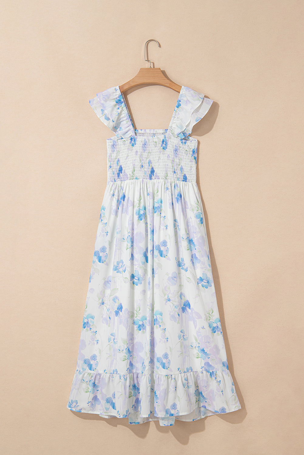Sky Blue Floral Smocked High Waist Double Ruffle Sleeveless Long Dress-TOPS / DRESSES-[Adult]-[Female]-2022 Online Blue Zone Planet