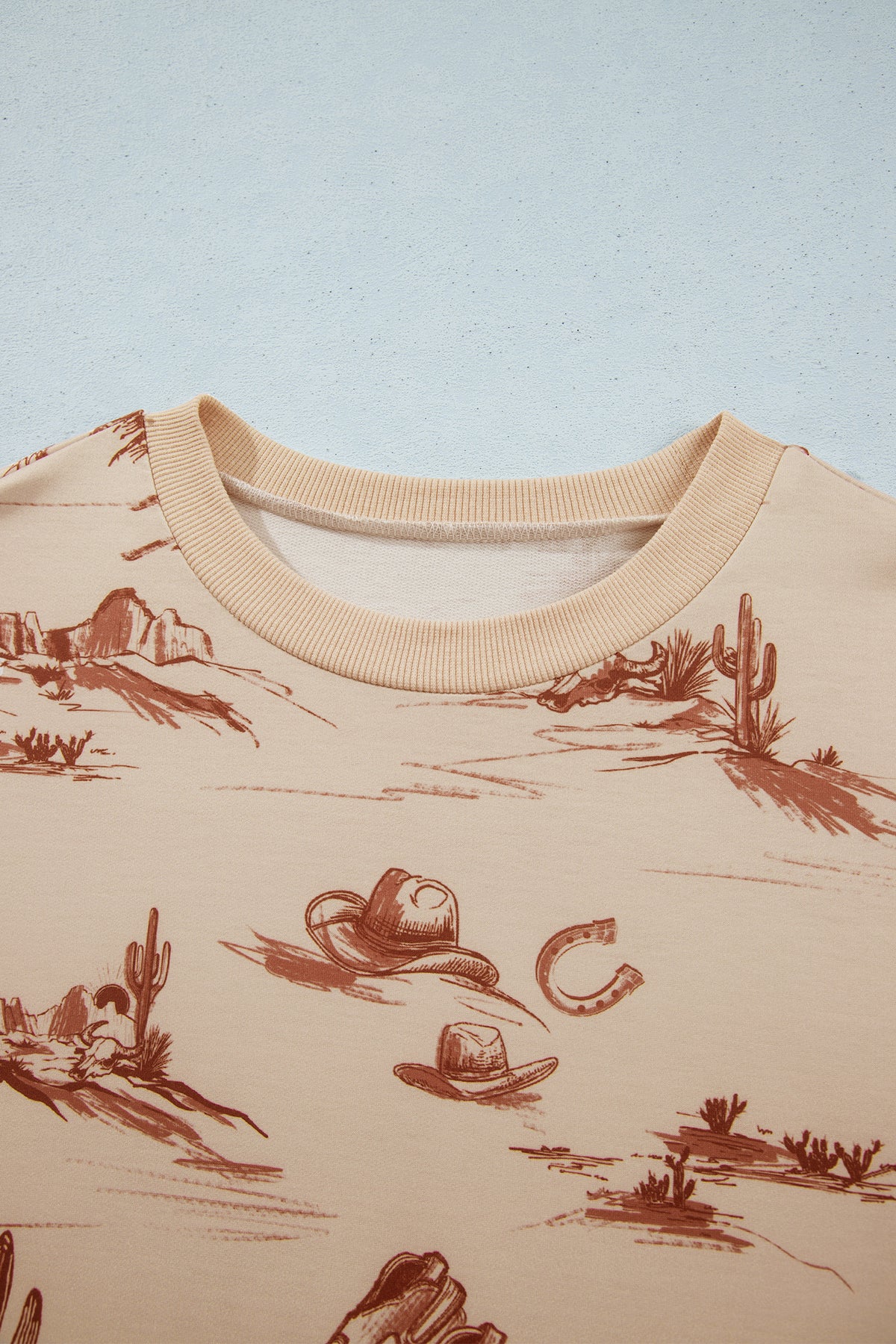 Beige Western Print Loose Fit Long Sleeve Top Short Set-Two Piece Sets/Short Sets-[Adult]-[Female]-2022 Online Blue Zone Planet
