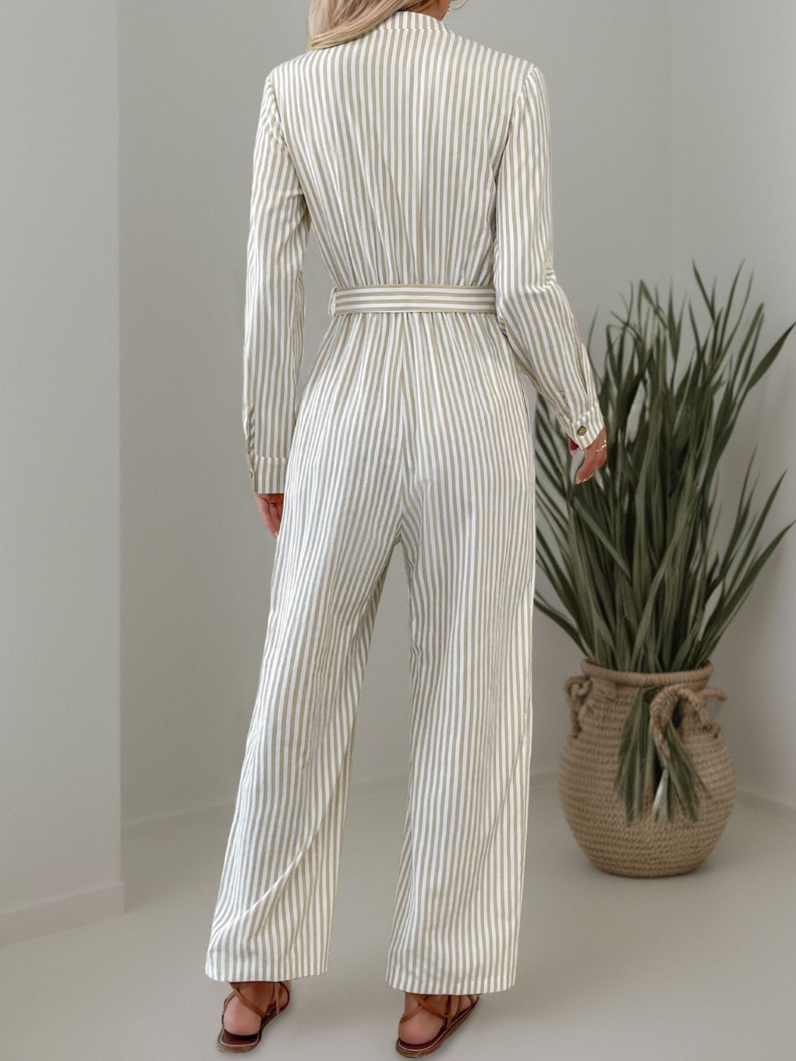 Striped Notched Long Sleeve Tie Waist Jumpsuit-TOPS / DRESSES-[Adult]-[Female]-2022 Online Blue Zone Planet