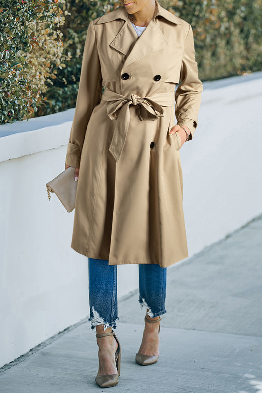 Blue Zone Planet | Pale Khaki Solid Color Lapel Collar Waist Tie Wind Coat-Outerwear/Coats-[Adult]-[Female]-Pale Khaki-S-2022 Online Blue Zone Planet