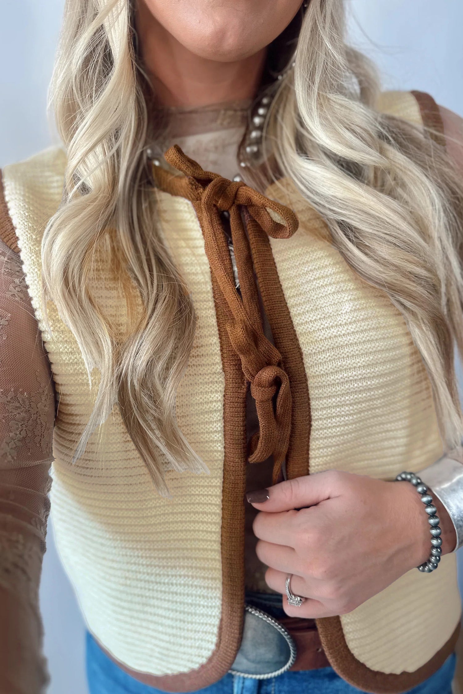 White Horizontal Ribbed Knit Contrast Trim Ties Front Sweater Vest-TOPS / DRESSES-[Adult]-[Female]-2022 Online Blue Zone Planet