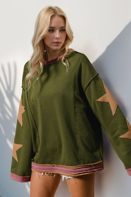 Blue Zone Planet | Double Take Star Patched Long Sleeve Sweatshirt-TOPS / DRESSES-[Adult]-[Female]-Moss-S-2022 Online Blue Zone Planet