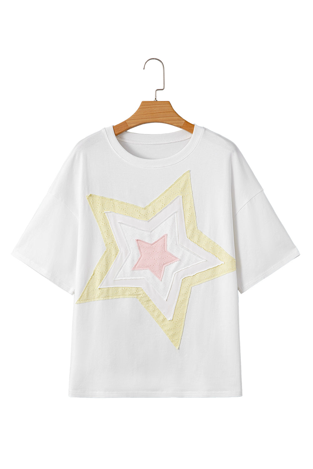 White Star Layered Patched Graphic Drop Shoulder Half Sleeve Loose Tee-Tops/Tops & Tees-[Adult]-[Female]-2022 Online Blue Zone Planet