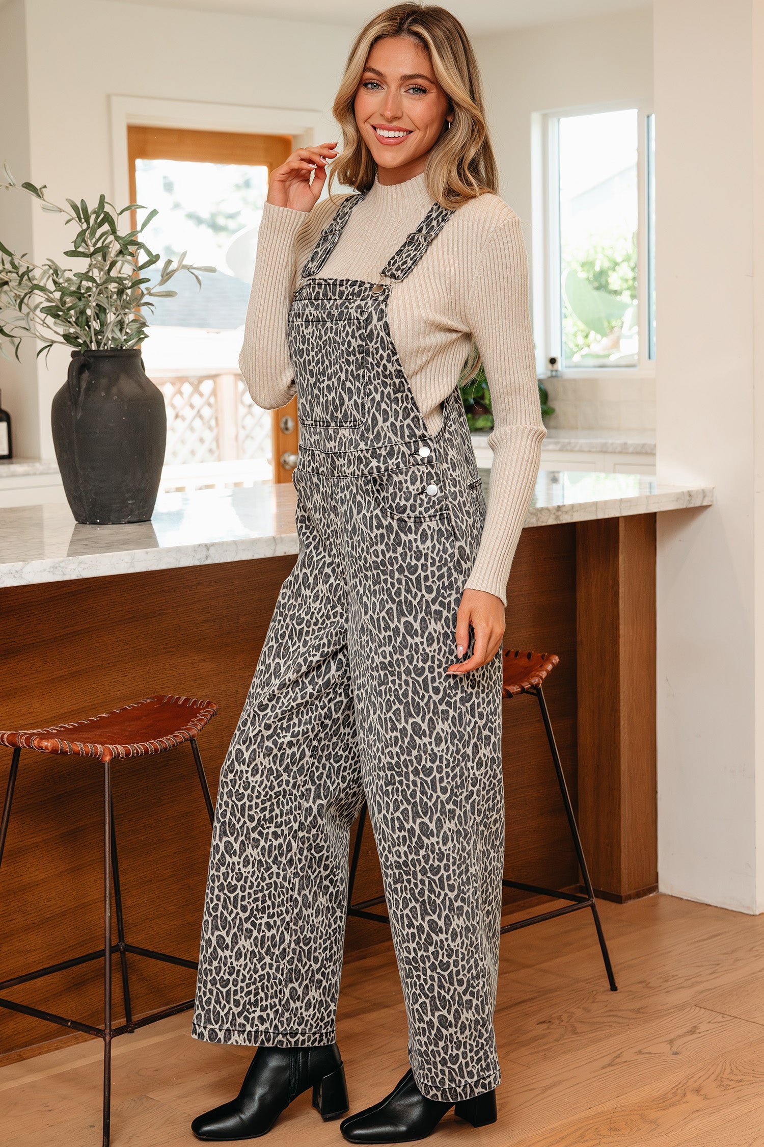 Brown Leopard Print Straight Leg Loose Denim Overall Jumpsuit-TOPS / DRESSES-[Adult]-[Female]-2022 Online Blue Zone Planet