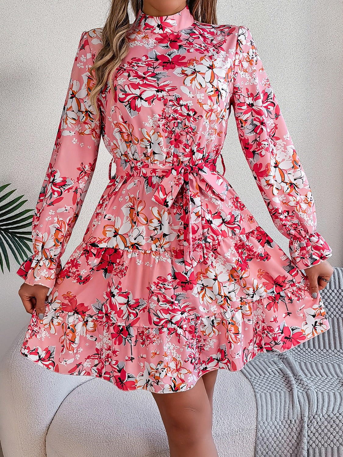 Printed Mock Neck Flounce Sleeve Mini Dress-TOPS / DRESSES-[Adult]-[Female]-Deep Rose-S-2022 Online Blue Zone Planet