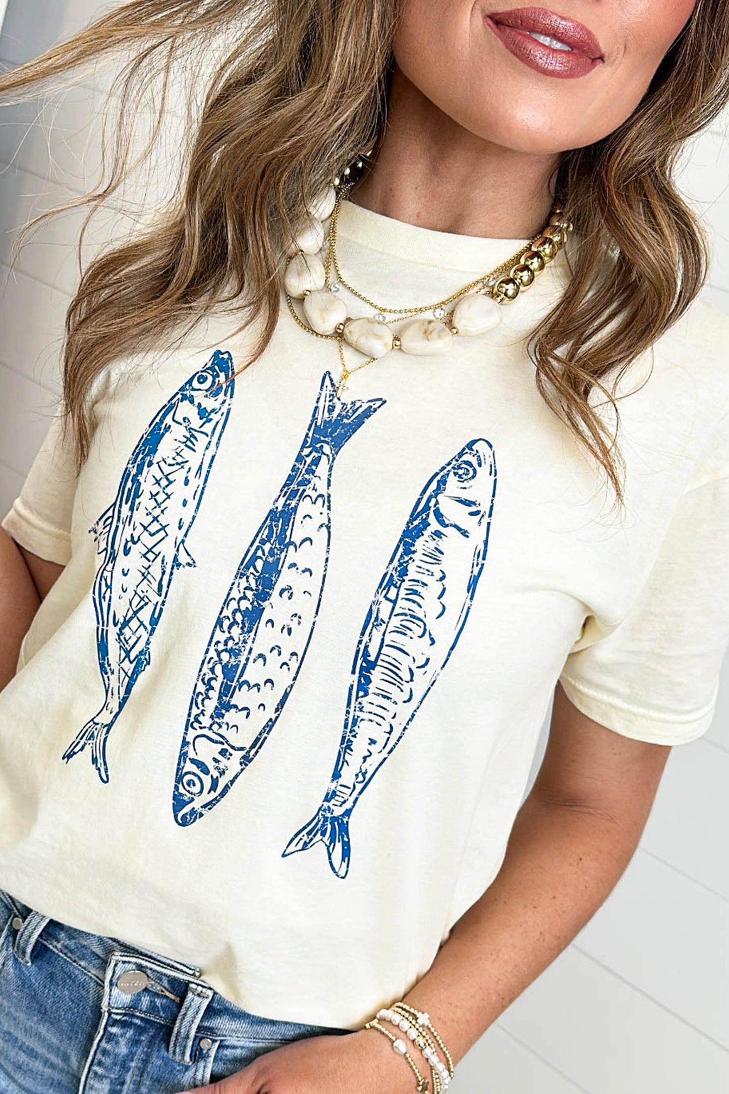 White Fish Print Short Sleeve Round Neck T Shirt-Tops/Tops & Tees-[Adult]-[Female]-White-S-2022 Online Blue Zone Planet