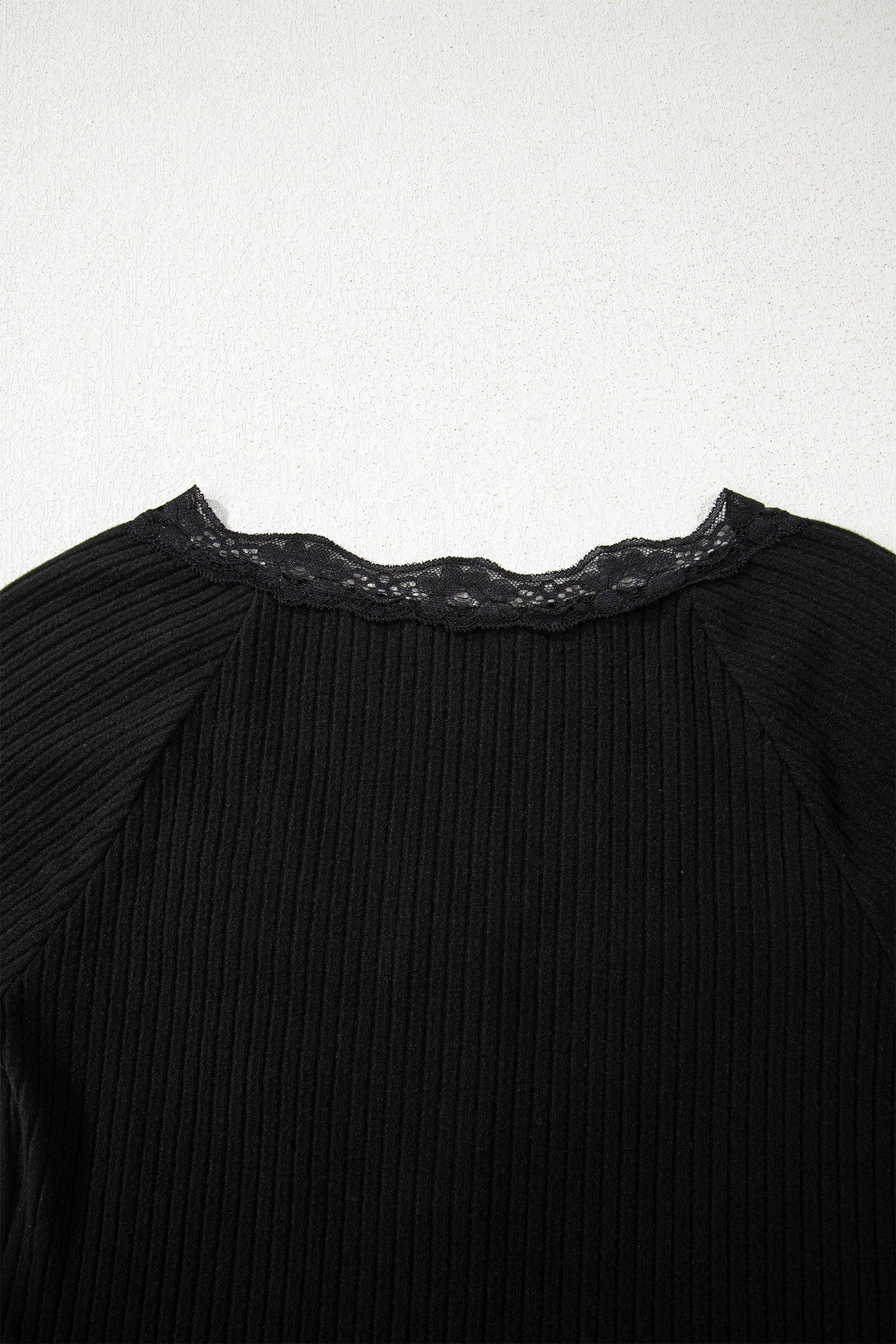 Black Lace Neckline Button Decor Lettuce Edge Long Sleeve Ribbed Top-Tops/Long Sleeve Tops-[Adult]-[Female]-2022 Online Blue Zone Planet