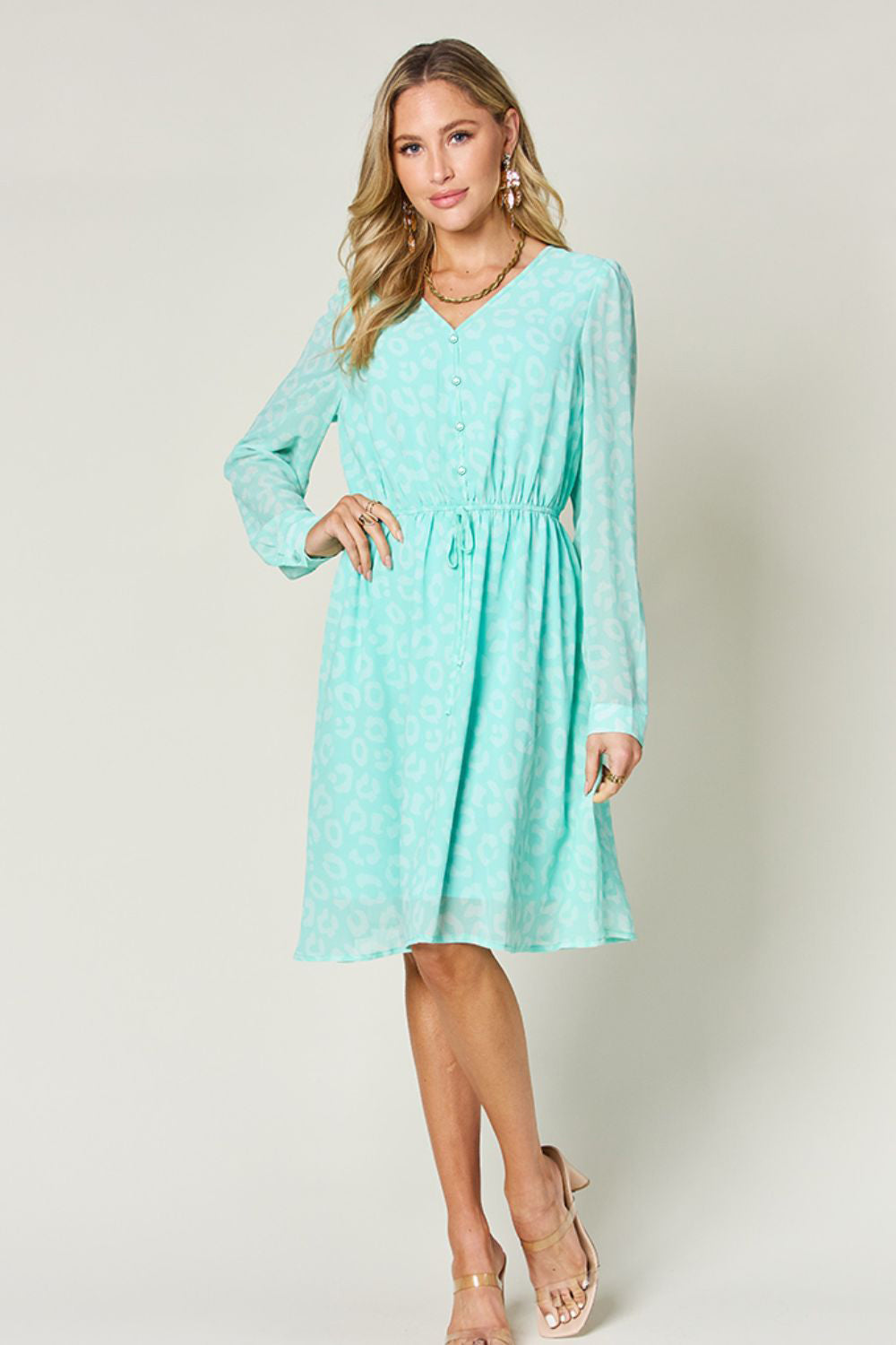 Double Take Full Size Printed Ruched V-Neck Long Sleeve Dress-TOPS / DRESSES-[Adult]-[Female]-2022 Online Blue Zone Planet