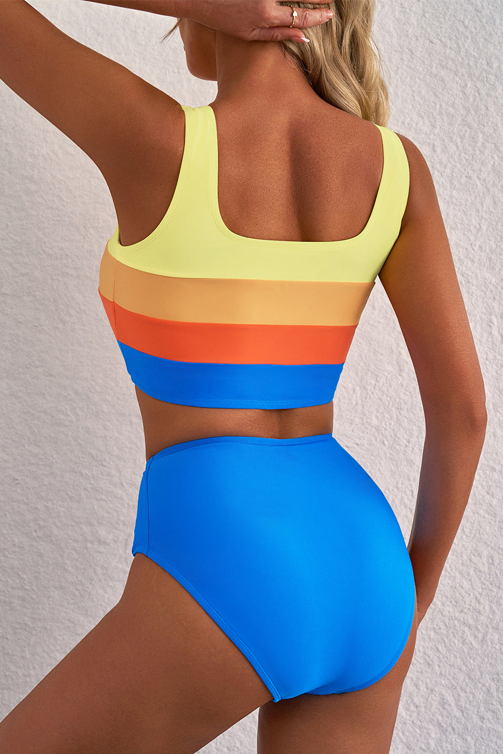 Blue Colorblock Square Neck Top Pleated High Waisted Bikini-Swimwear/High Waisted Swimsuit-[Adult]-[Female]-2022 Online Blue Zone Planet