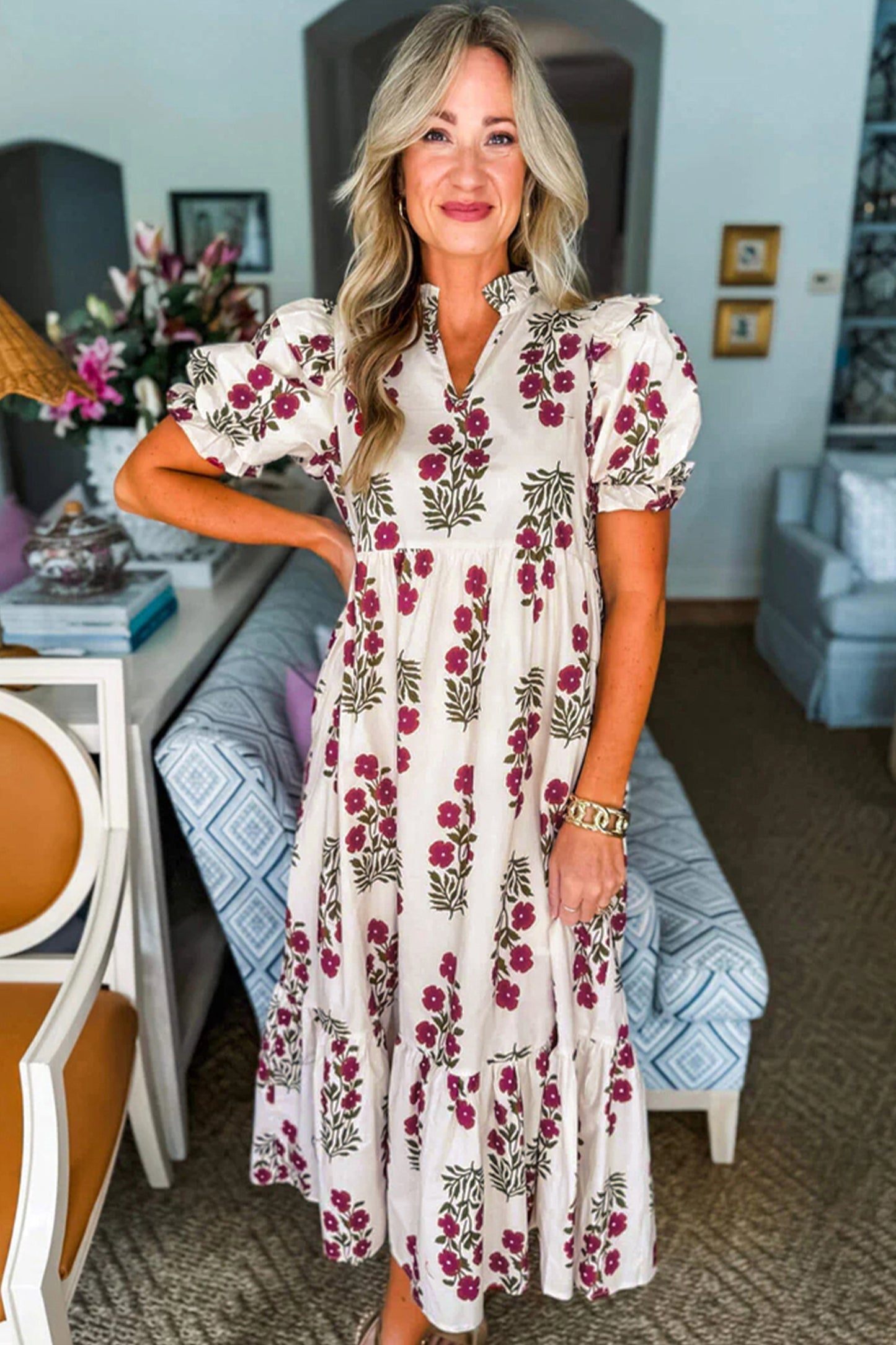 Beige Floral Short Bubble Sleeve Tiered Maxi Dress-Dresses/Maxi Dresses-[Adult]-[Female]-2022 Online Blue Zone Planet