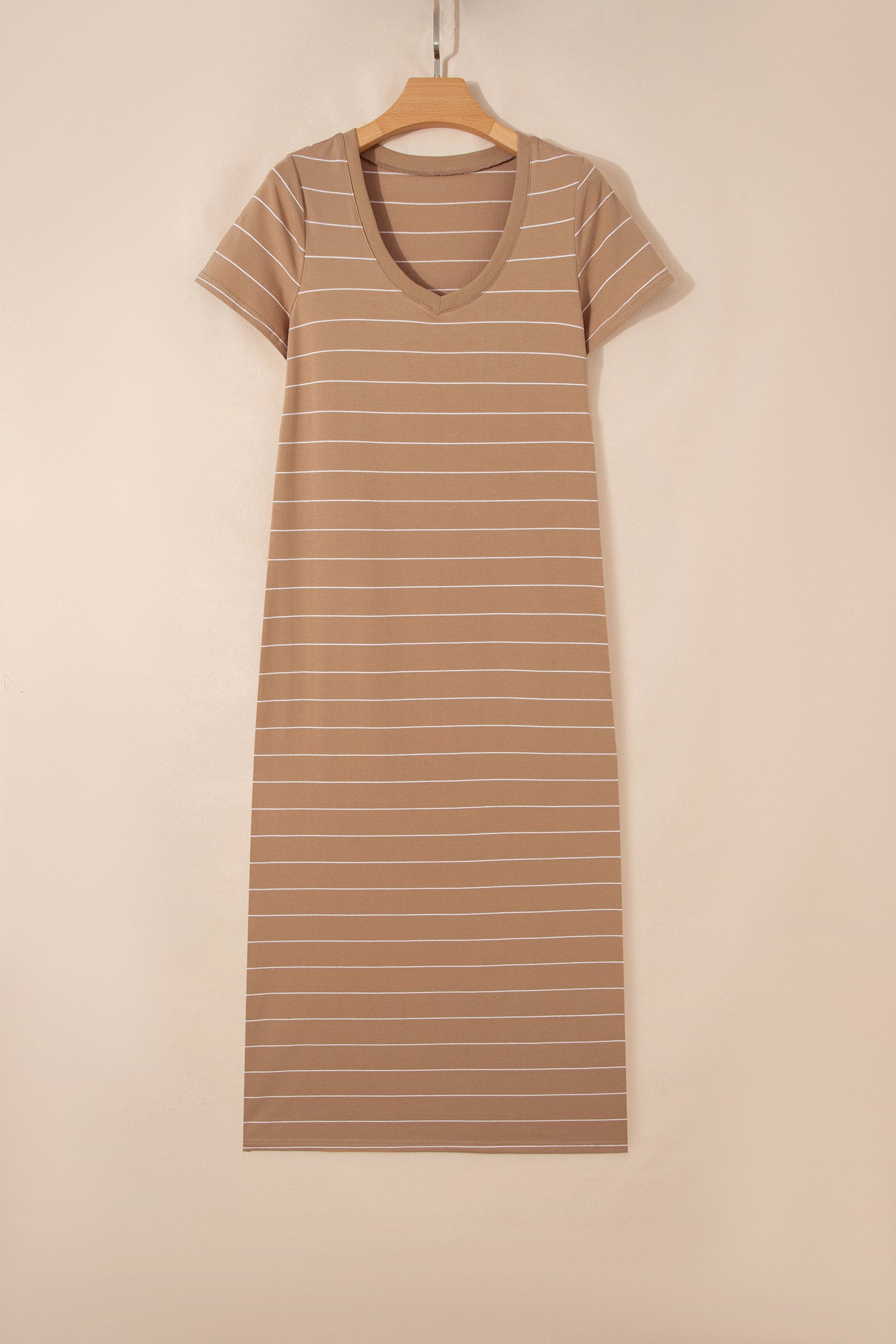 Khaki Stripe Casual Short Sleeve Side Slit Maxi T Shirt Dress-TOPS / DRESSES-[Adult]-[Female]-2022 Online Blue Zone Planet