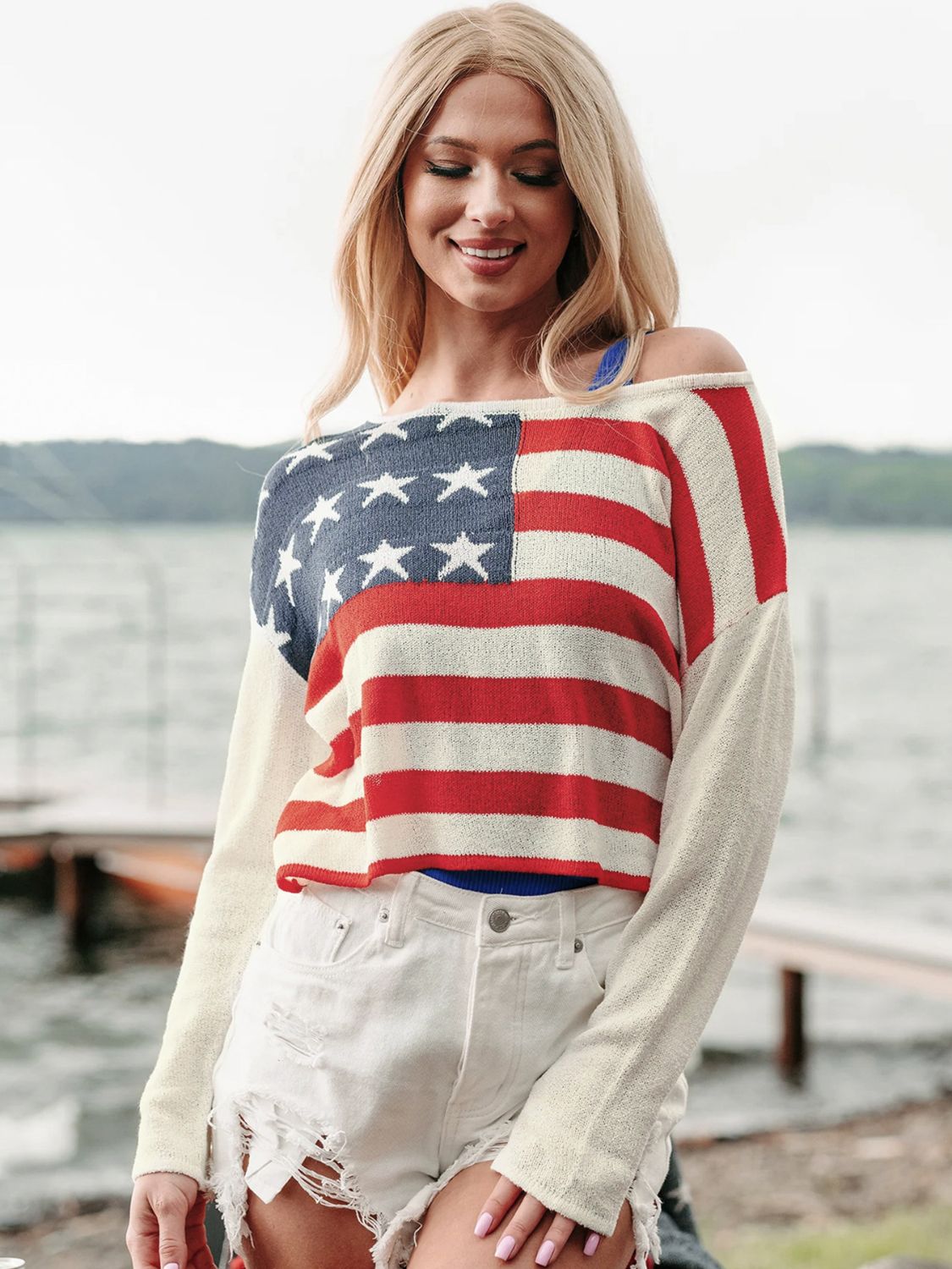 Zone Planet | Cindy's US Flag Boat Neck Long Sleeve Knit Top