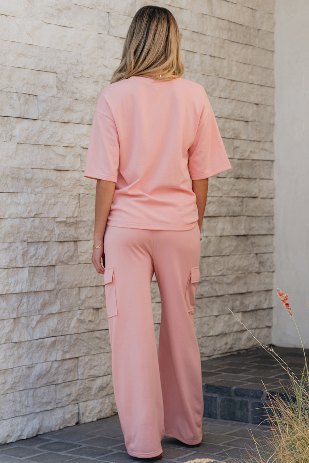Apricot Pink Half Sleeve T-Shirt & Cargo Sweatpants Set-Two Piece Sets/Pant Sets-[Adult]-[Female]-2022 Online Blue Zone Planet