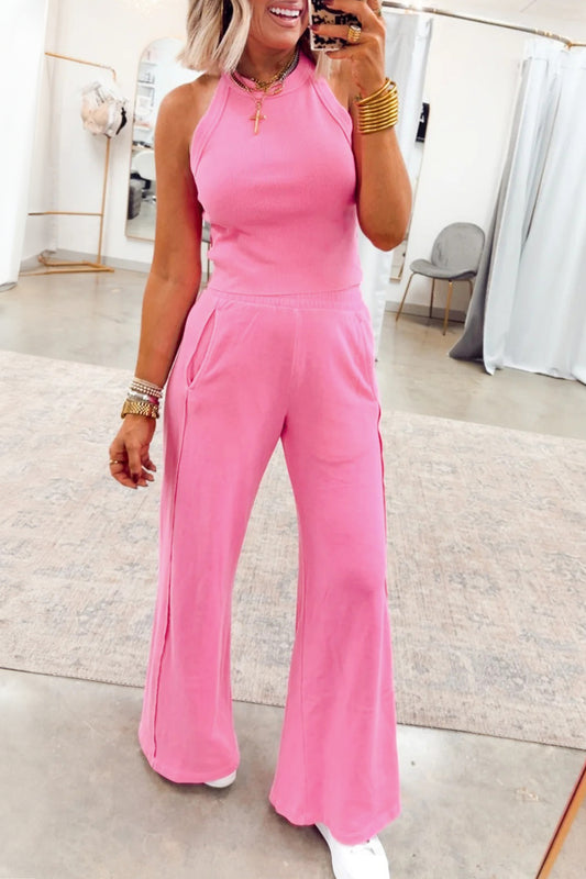 Sachet Pink Slim Ribbed Tank Top and Sweatpants Set-Two Piece Sets/Pant Sets-[Adult]-[Female]-2022 Online Blue Zone Planet