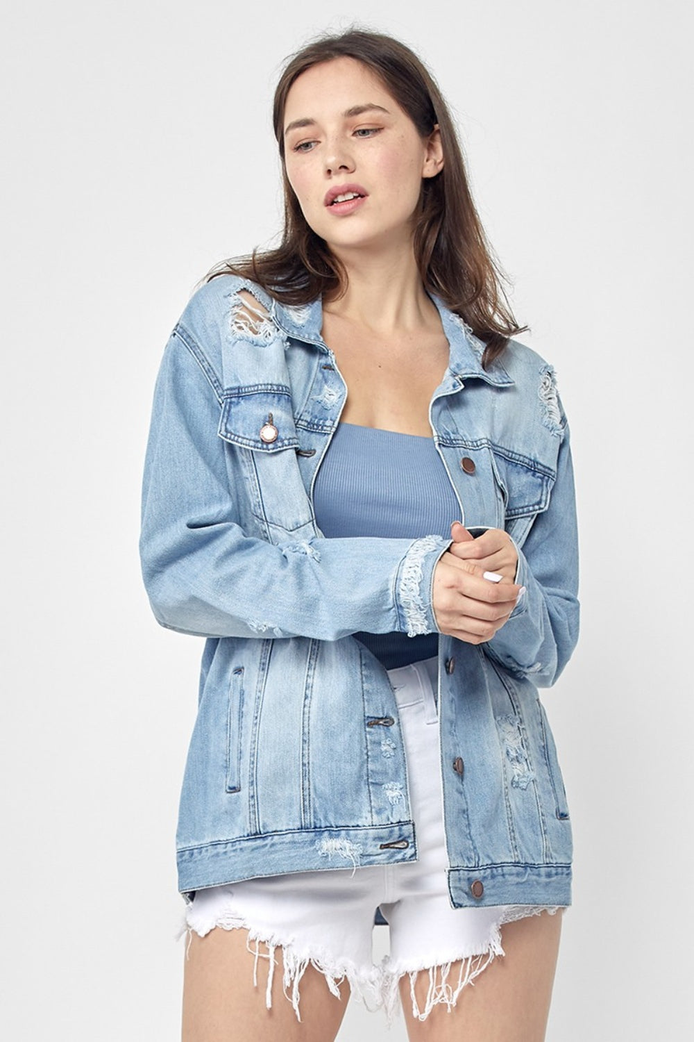 RISEN Full Size Distressed Long Sleeve Denim Jacket-TOPS / DRESSES-[Adult]-[Female]-2022 Online Blue Zone Planet