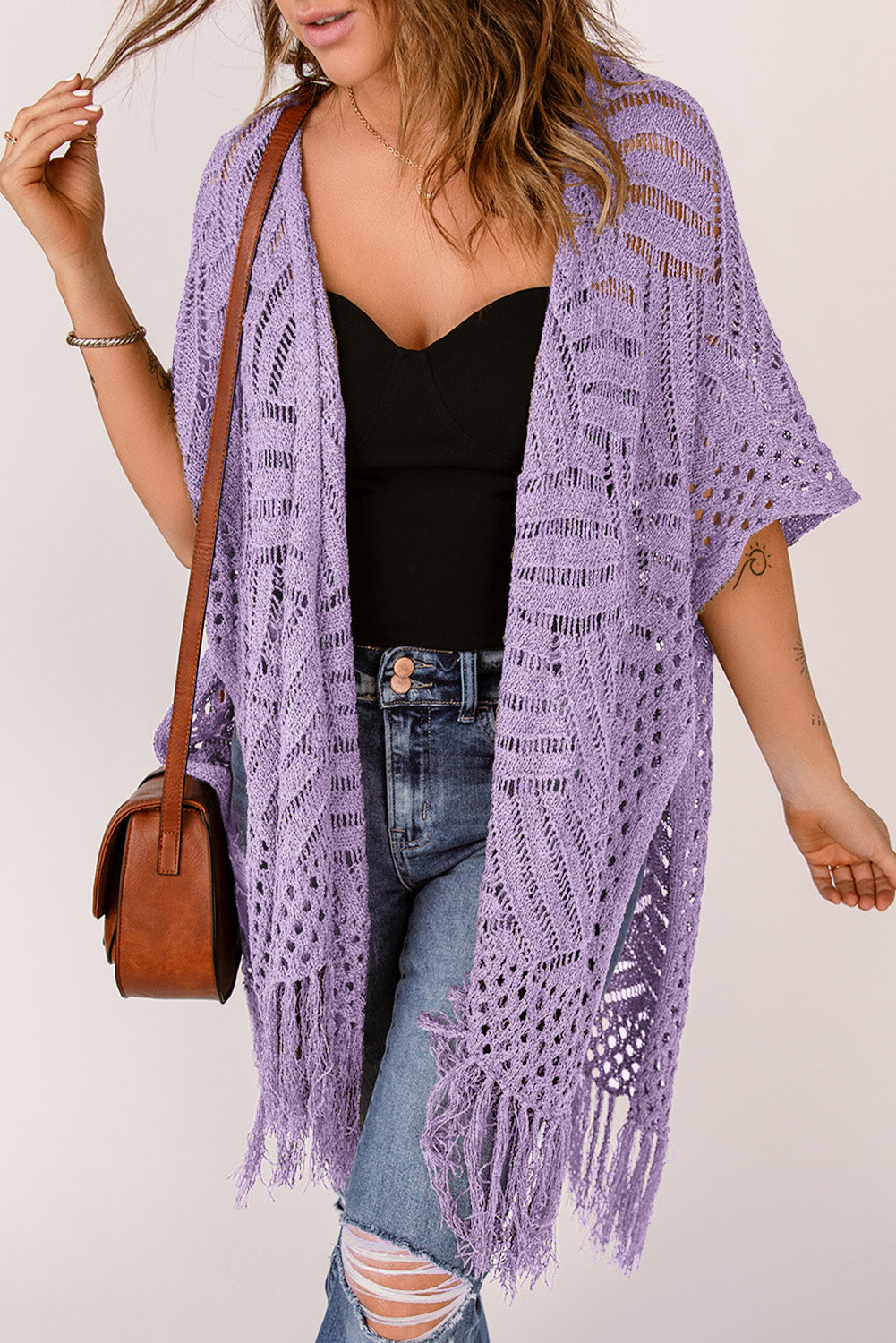 Blue Zone Planet | Openwork Open Front Cardigan with Fringes-TOPS / DRESSES-[Adult]-[Female]-2022 Online Blue Zone Planet