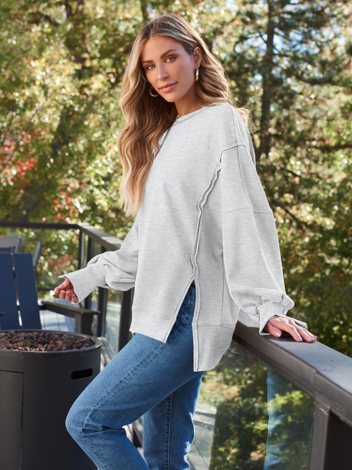 Blue Zone Planet | Slit Round Neck Long Sleeve Sweatshirt-TOPS / DRESSES-[Adult]-[Female]-2022 Online Blue Zone Planet