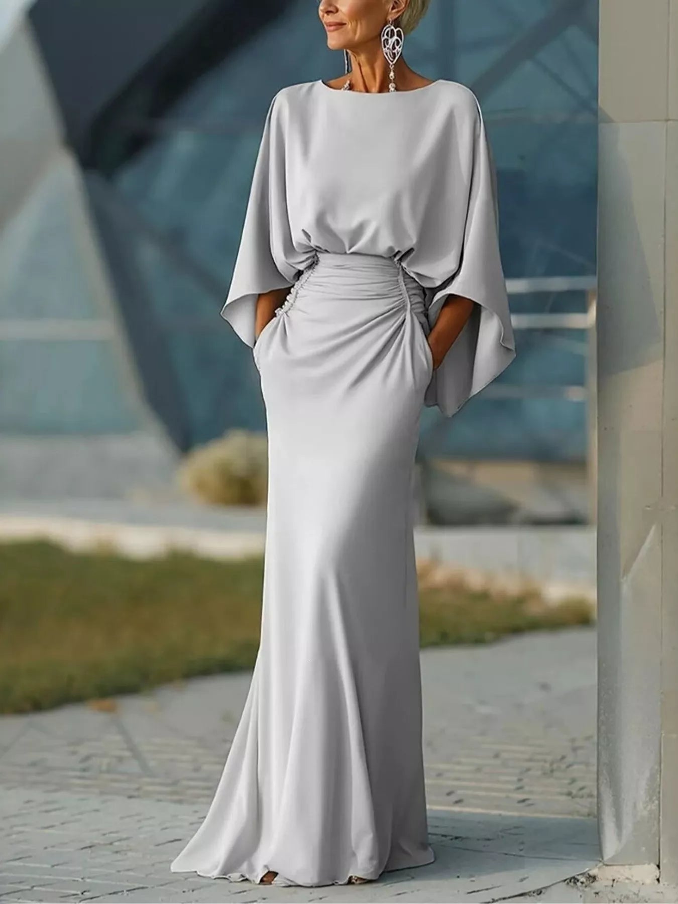 Batwing Sleeve Ruched Maxi Dress Silver / S by Blue Zone Planet
