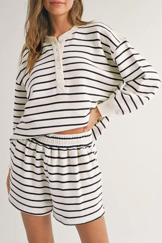 Black White Stripes Printed Half Button Long Sleeve Top And Shorts Set-Two Piece Sets/Short Sets-[Adult]-[Female]-Black white-S-2022 Online Blue Zone Planet