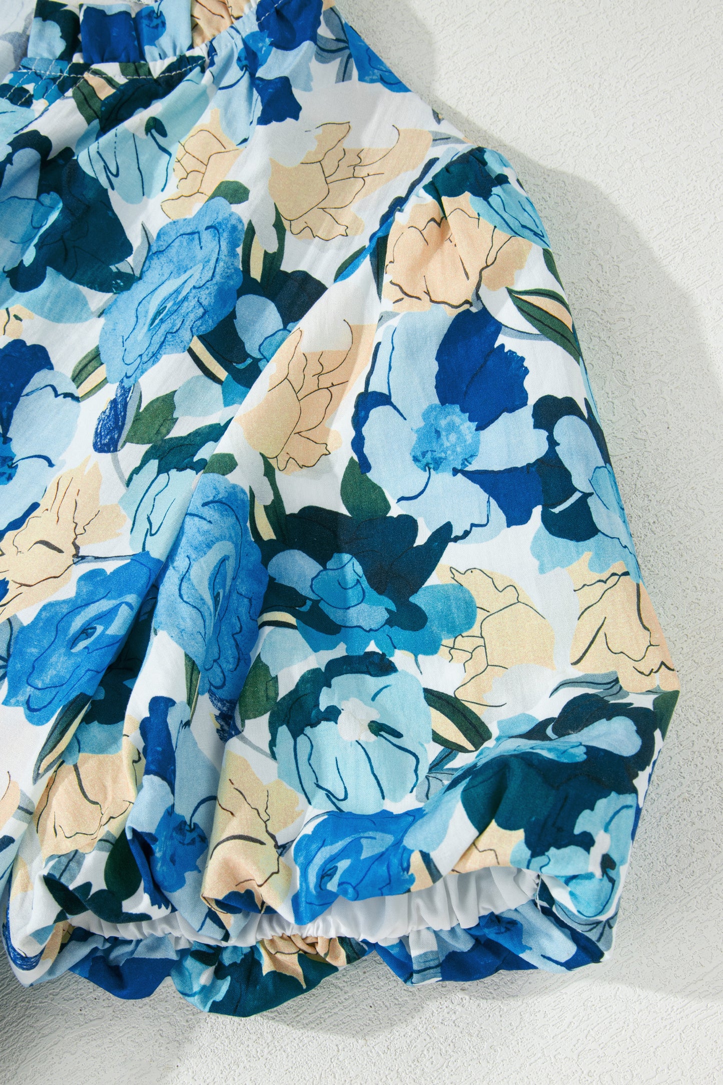 Sky Blue Floral Print Short Puff Sleeve V Neck Blouse-Tops/Blouses & Shirts-[Adult]-[Female]-2022 Online Blue Zone Planet