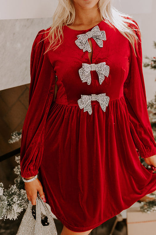 Fiery Red Bowknot Decor High Waist Velvet Mini Dress-Dresses/Mini Dresses-[Adult]-[Female]-Fiery Red-S-2022 Online Blue Zone Planet