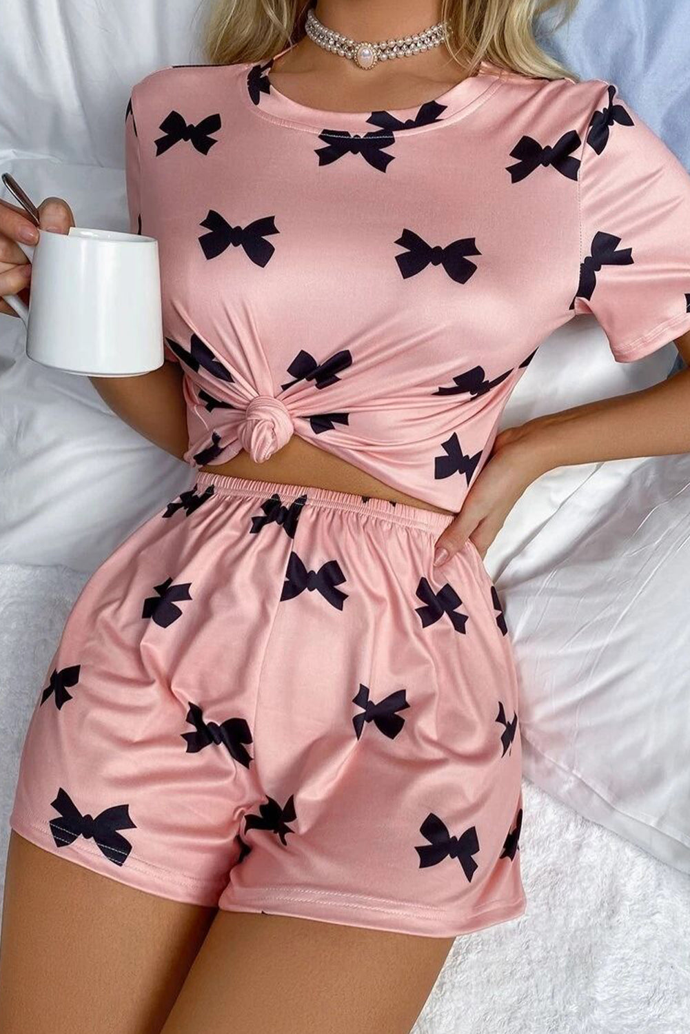 Pink Bow Printed Short 2pcs Lounge Set-Loungewear & Sleepwear/Loungewear-[Adult]-[Female]-2022 Online Blue Zone Planet