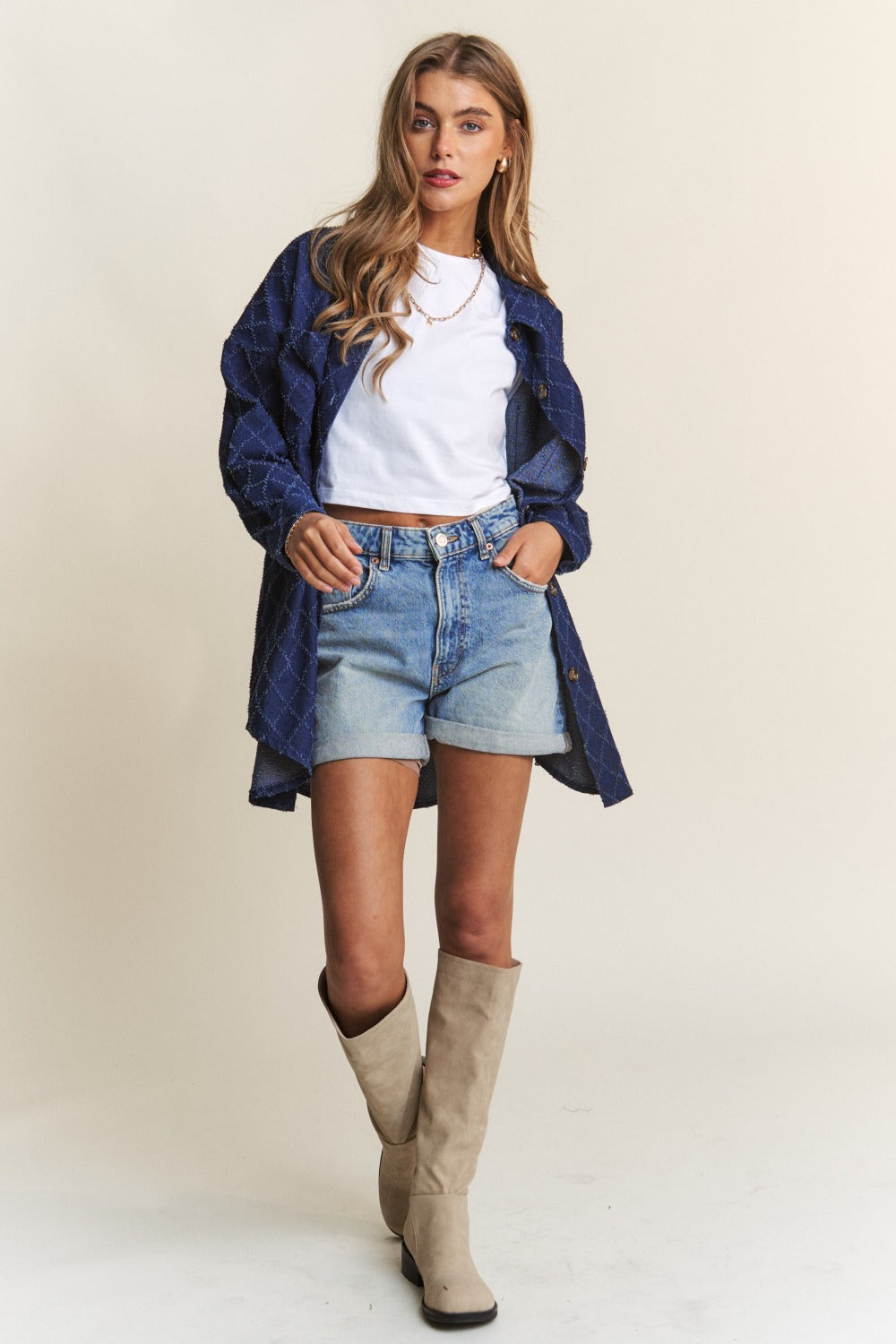 J.NNA Rhombus Stitched Button Up Denim Shacket-TOPS / DRESSES-[Adult]-[Female]-2022 Online Blue Zone Planet