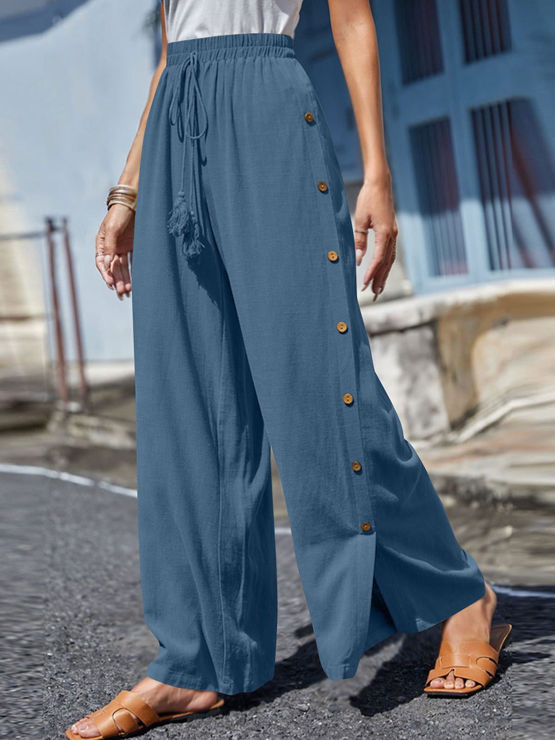 Blue Zone Planet | Full Size Tassel Wide Leg Pants-BOTTOMS SIZES SMALL MEDIUM LARGE-[Adult]-[Female]-Dusty Blue-S-2022 Online Blue Zone Planet