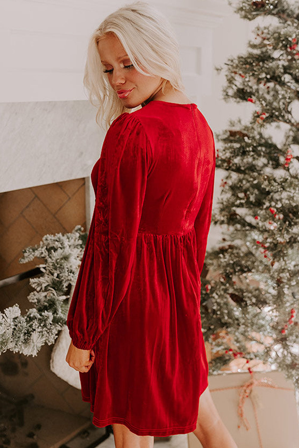 Fiery Red Bowknot Decor High Waist Velvet Mini Dress-Dresses/Mini Dresses-[Adult]-[Female]-2022 Online Blue Zone Planet