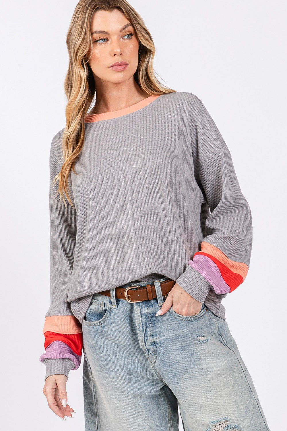 SAGE + FIG Color Block Waffle Knit T-Shirt-TOPS / DRESSES-[Adult]-[Female]-2022 Online Blue Zone Planet