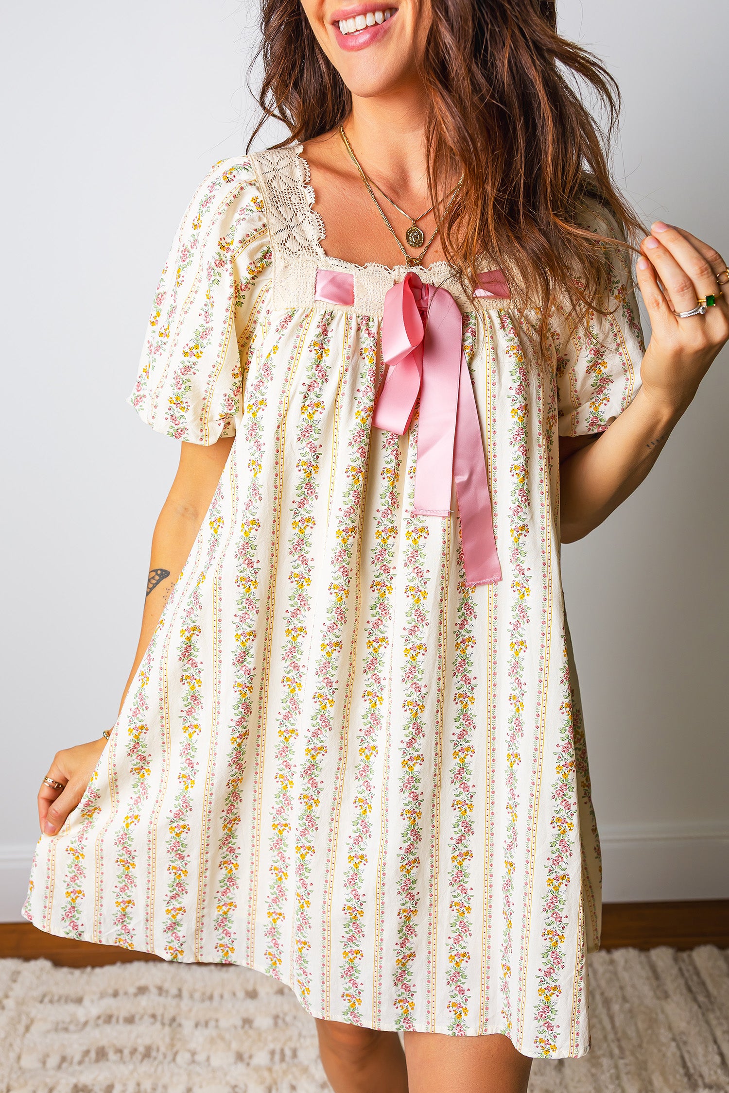 Multicolour Floral Print Contrast Ribbon Bow Lace Trim Square Neck Mini Dress-TOPS / DRESSES-[Adult]-[Female]-2022 Online Blue Zone Planet