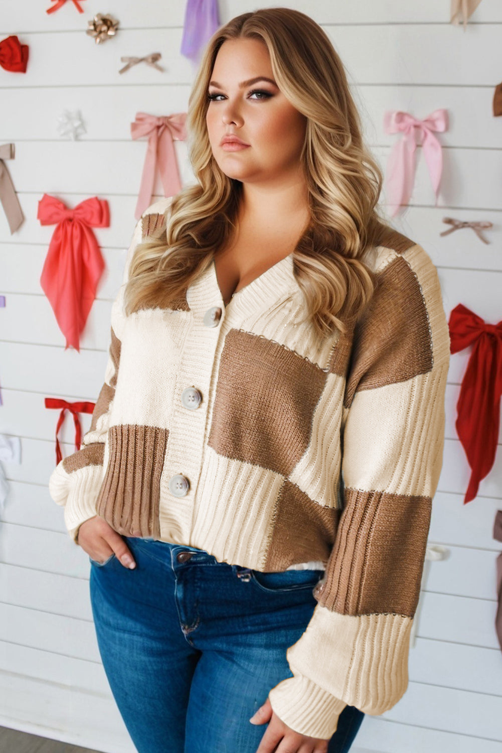 Khaki Checkered Ribbed Texture Knit Plus Size Cardigan Sweater-TOPS / DRESSES-[Adult]-[Female]-2022 Online Blue Zone Planet