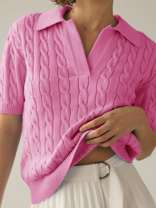 Cable-Knit Collared Neck Half Sleeve Sweater-TOPS / DRESSES-[Adult]-[Female]-Pink-S-2022 Online Blue Zone Planet