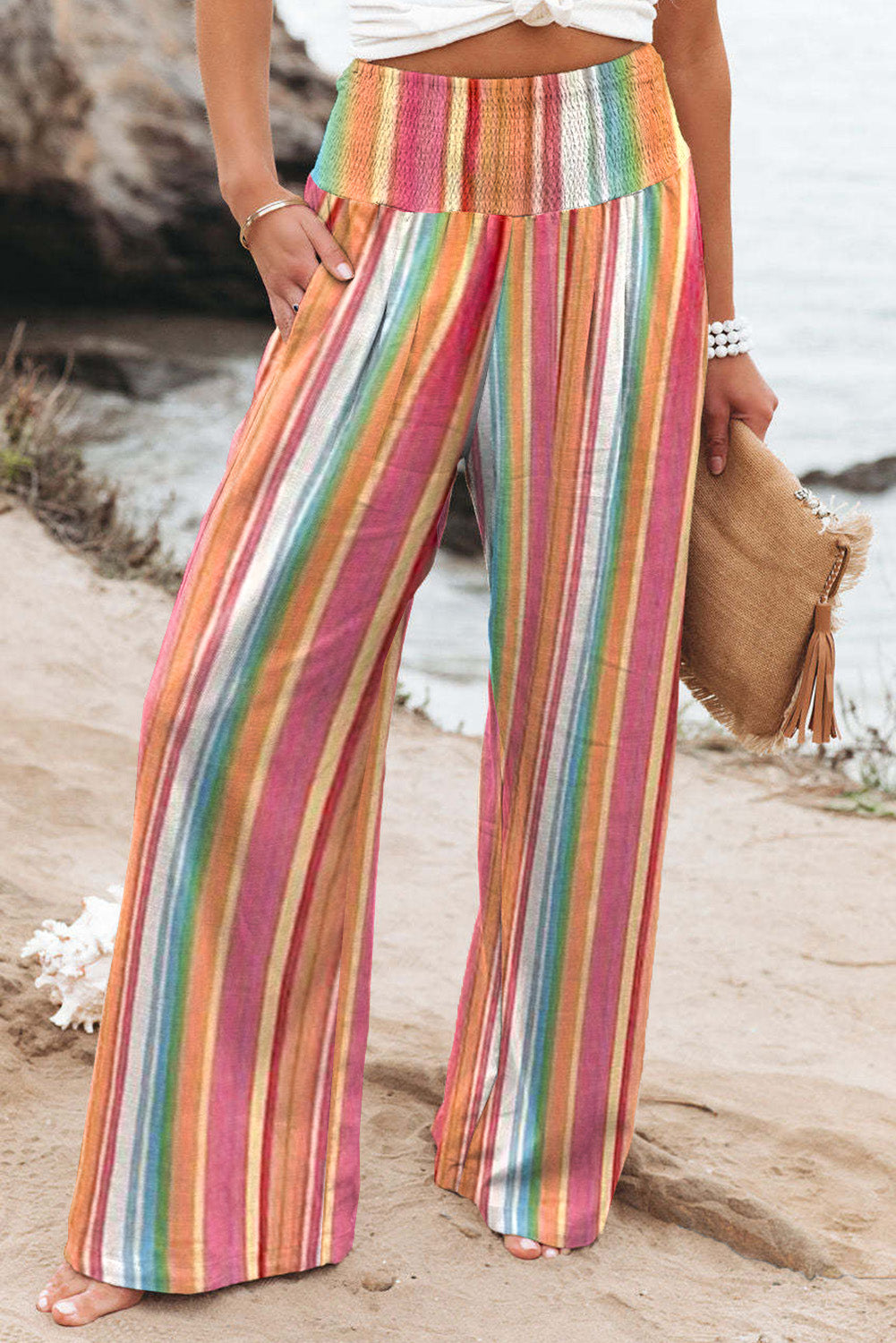 Felicity's Multicolor Striped Smocked High Waist Wide Leg Pants Blue Zone Planet