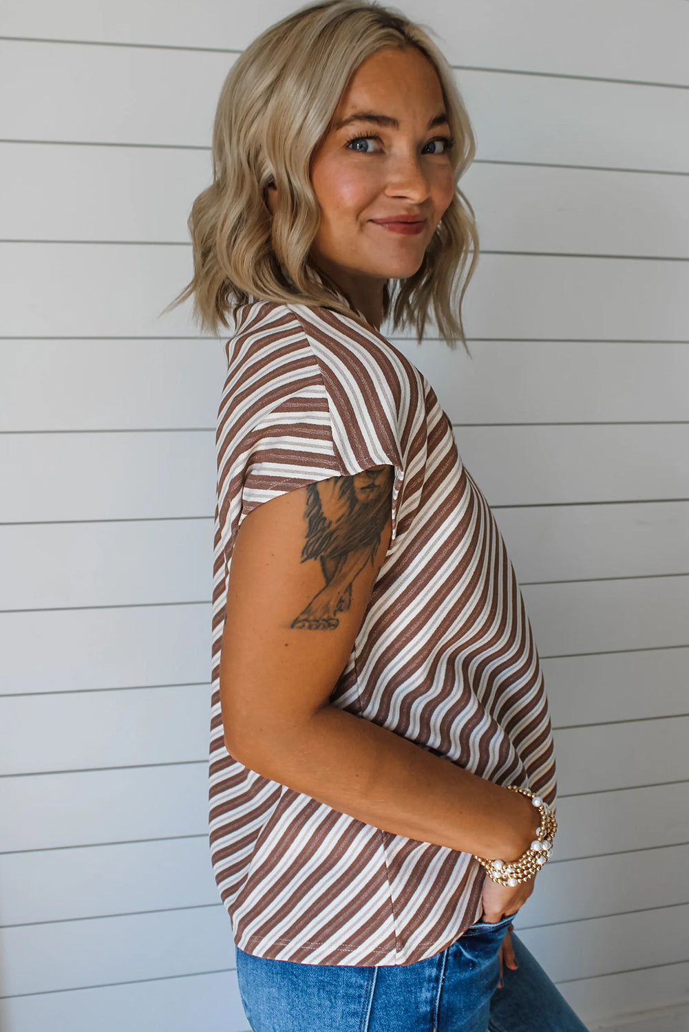 Chestnut Striped Stand V Neck Short Sleeve Blouse-Tops/Blouses & Shirts-[Adult]-[Female]-2022 Online Blue Zone Planet