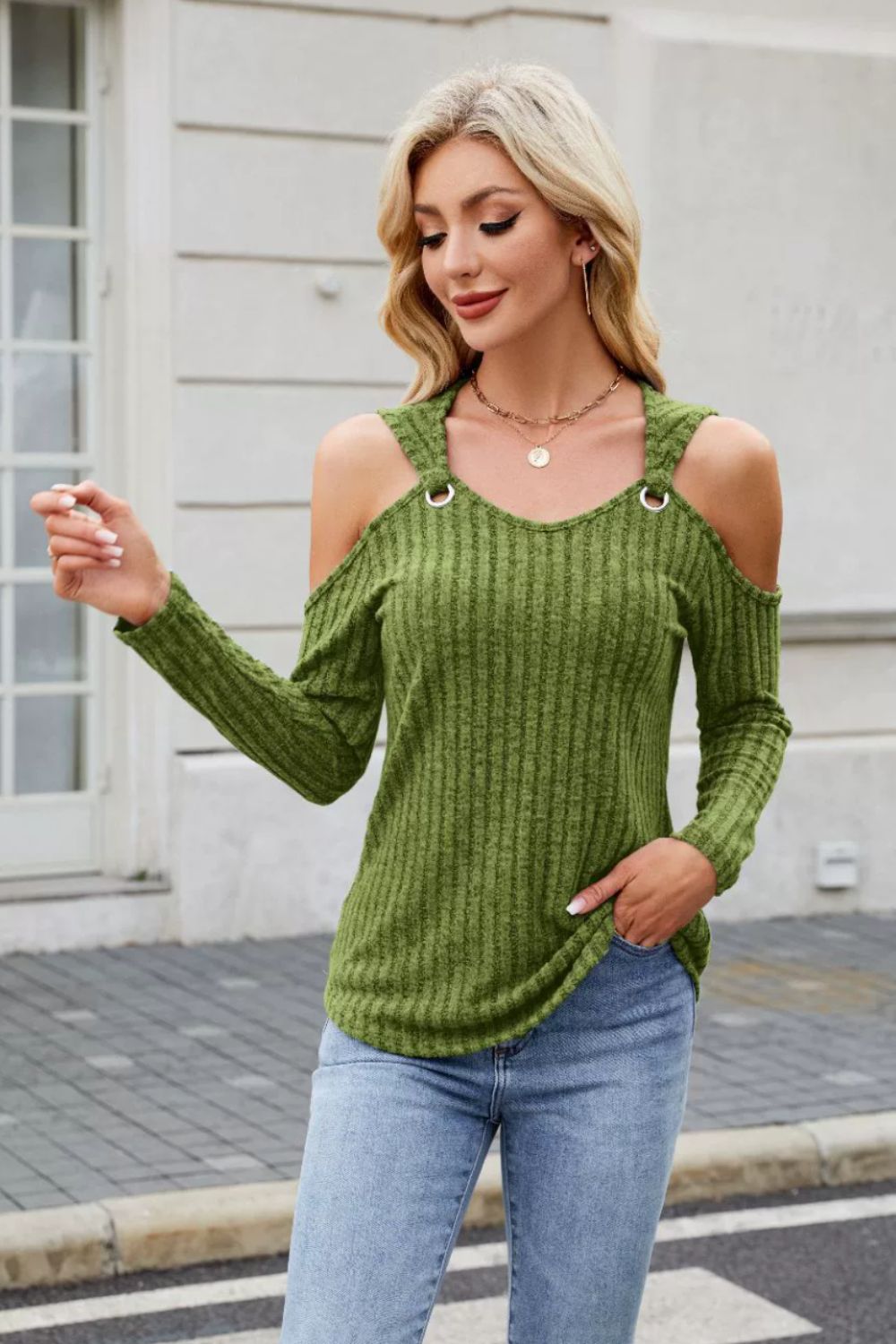 Ribbed Cold Shoulder Long Sleeve Top-TOPS / DRESSES-[Adult]-[Female]-2022 Online Blue Zone Planet