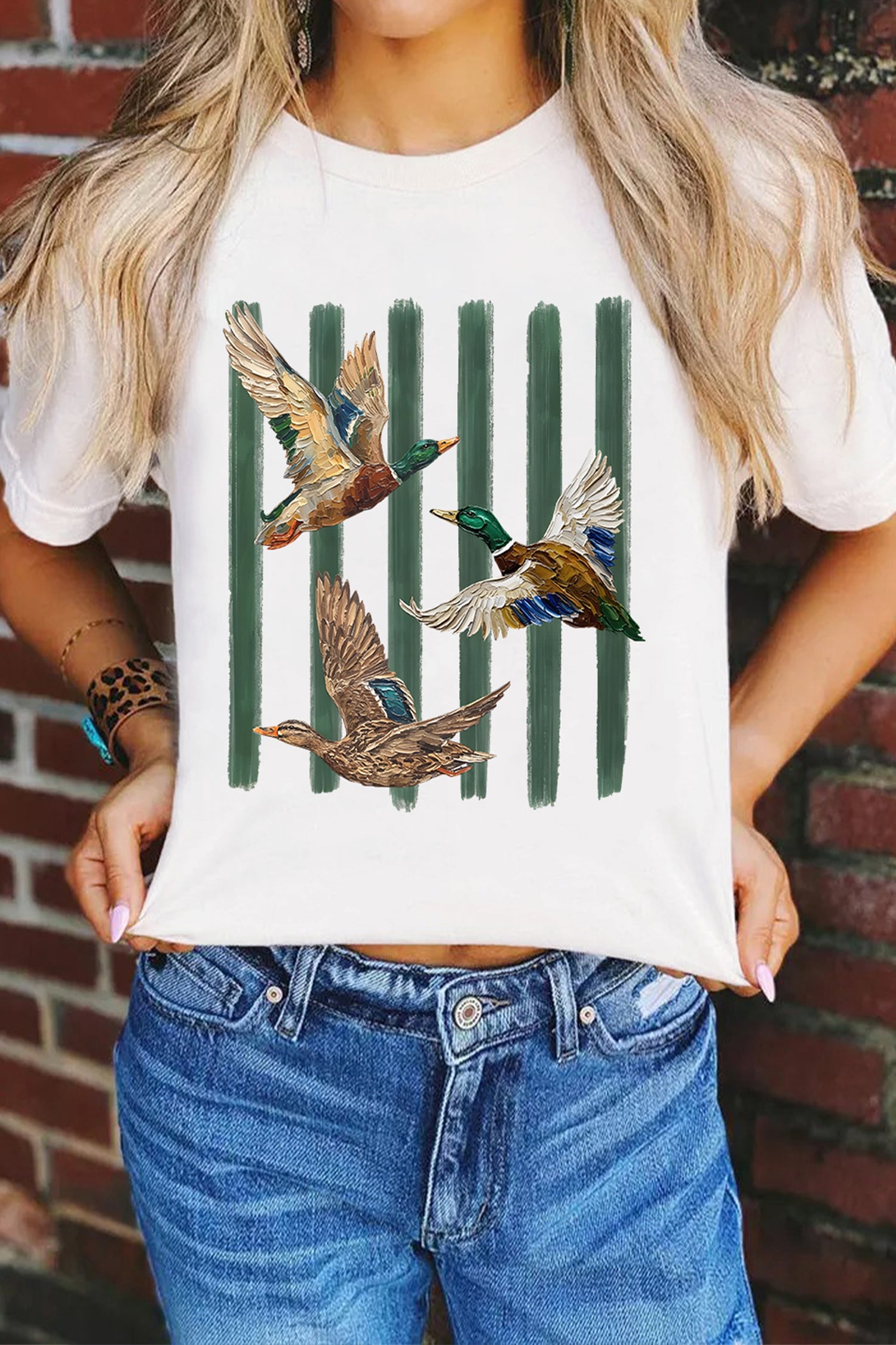 White Western Mallard Stripes Printed Graphic Round Neck Casual Tee-Graphic/Graphic Tees-[Adult]-[Female]-2022 Online Blue Zone Planet