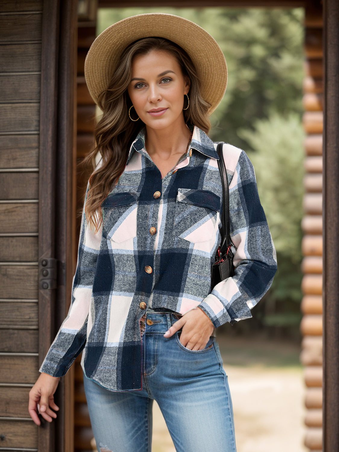 Full Size Pocketed Plaid Collared Neck Shacket-TOPS / DRESSES-[Adult]-[Female]-Navy-S-2022 Online Blue Zone Planet