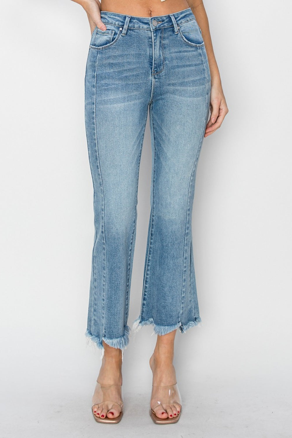 RISEN Full Size High Rise Frayed Hem Flare Jeans-BOTTOMS SIZES SMALL MEDIUM LARGE-[Adult]-[Female]-Light-0-2022 Online Blue Zone Planet