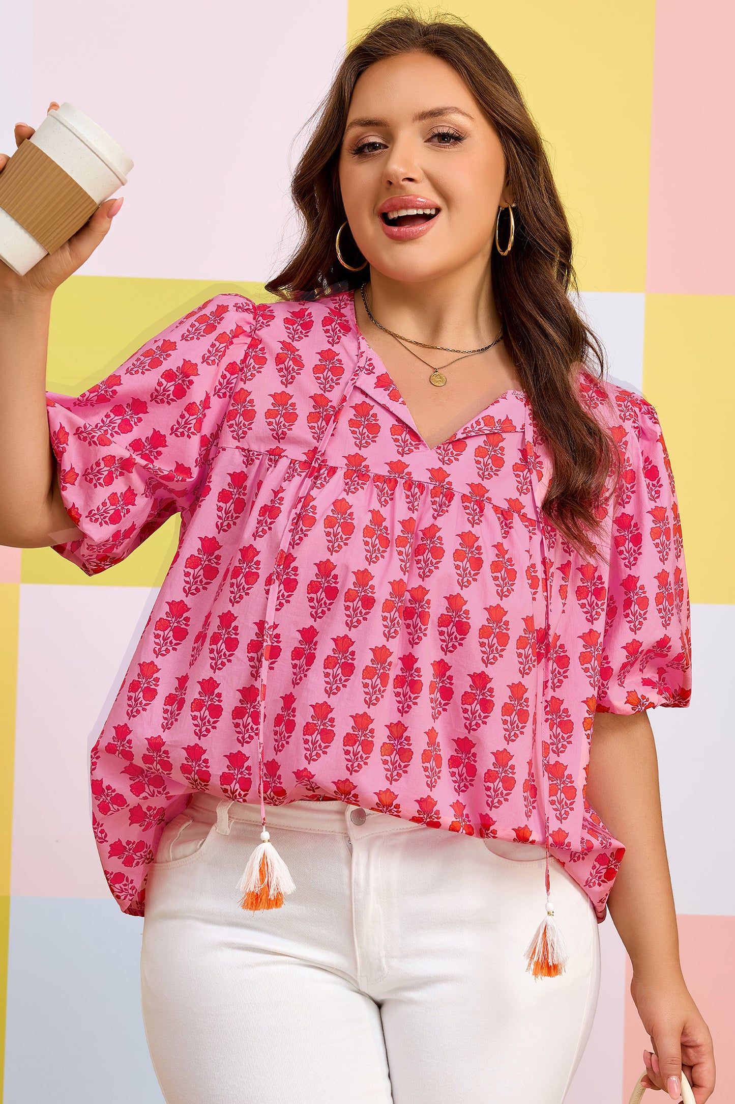 Pink Plus Size Floral Print Tassel Tie Puff Sleeve Cotton Blouse-Plus Size/Plus Size Tops/Plus Size Blouses & Shirts-[Adult]-[Female]-2022 Online Blue Zone Planet