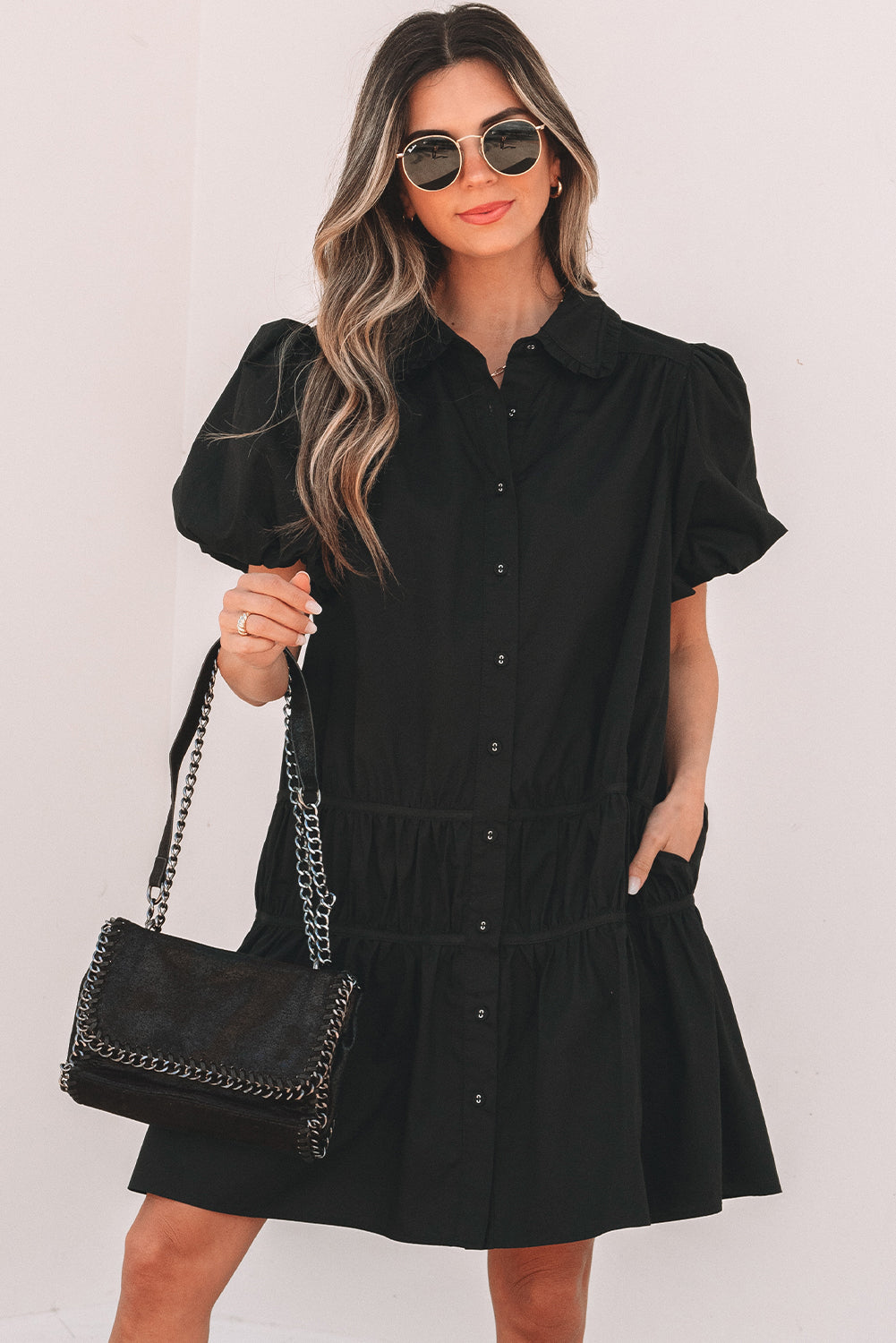 Black Shirt Style Button Down Puff Sleeve Ruffle Hem Dress-Dresses/Mini Dresses-[Adult]-[Female]-2022 Online Blue Zone Planet