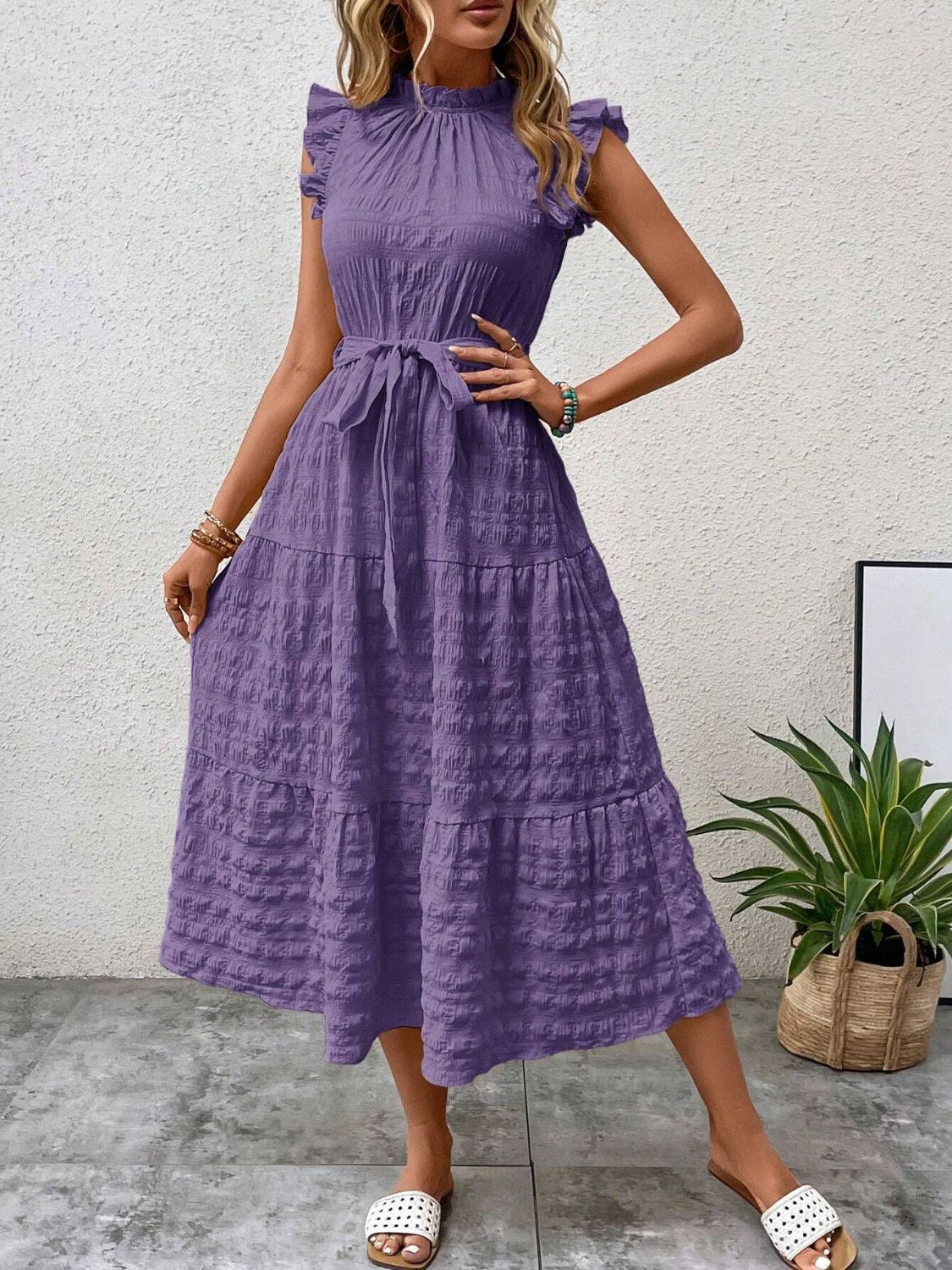 Tied Ruffled Cap Sleeve Midi Dress-TOPS / DRESSES-[Adult]-[Female]-Purple-S-2022 Online Blue Zone Planet