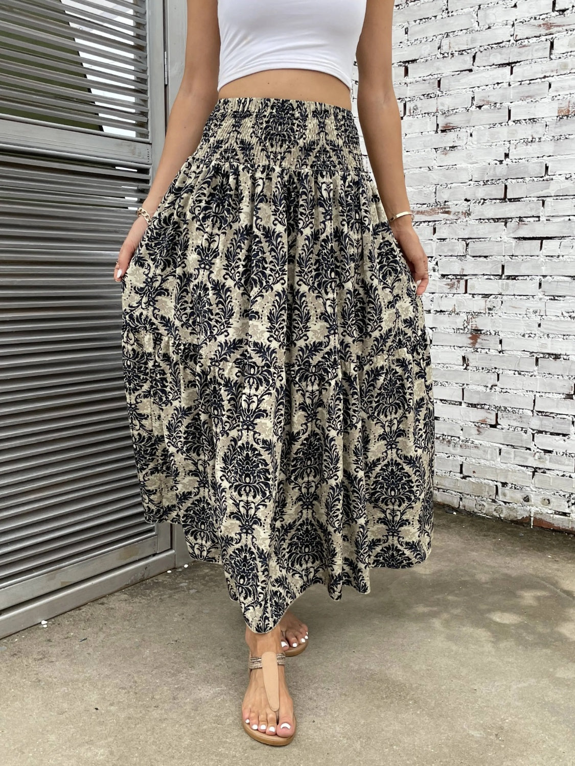 Printed Elastic Waist Maxi Skirt-BOTTOMS SIZES SMALL MEDIUM LARGE-[Adult]-[Female]-Black-S-2022 Online Blue Zone Planet