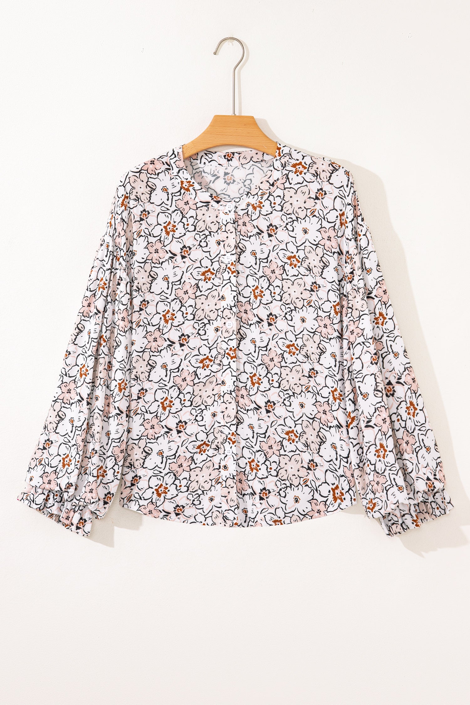 Khaki Bold Floral Print Frilled Puff Sleeve Button Down Shirt-Tops/Blouses & Shirts-[Adult]-[Female]-2022 Online Blue Zone Planet