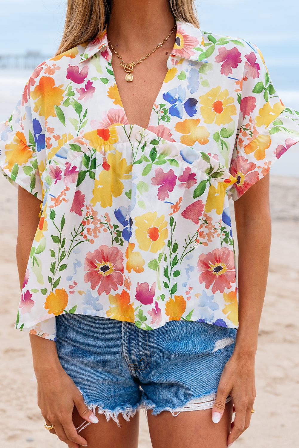 Yellow Floral Boxy Fit Ruffled Short Sleeve V Neck Blouse-Tops/Blouses & Shirts-[Adult]-[Female]-2022 Online Blue Zone Planet