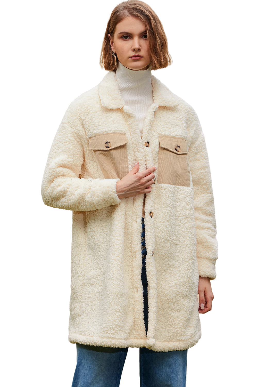 Blue Zone Planet | Beige Contrast Flap Pocket Single Breasted Teddy Coat-Outerwear/Coats-[Adult]-[Female]-2022 Online Blue Zone Planet