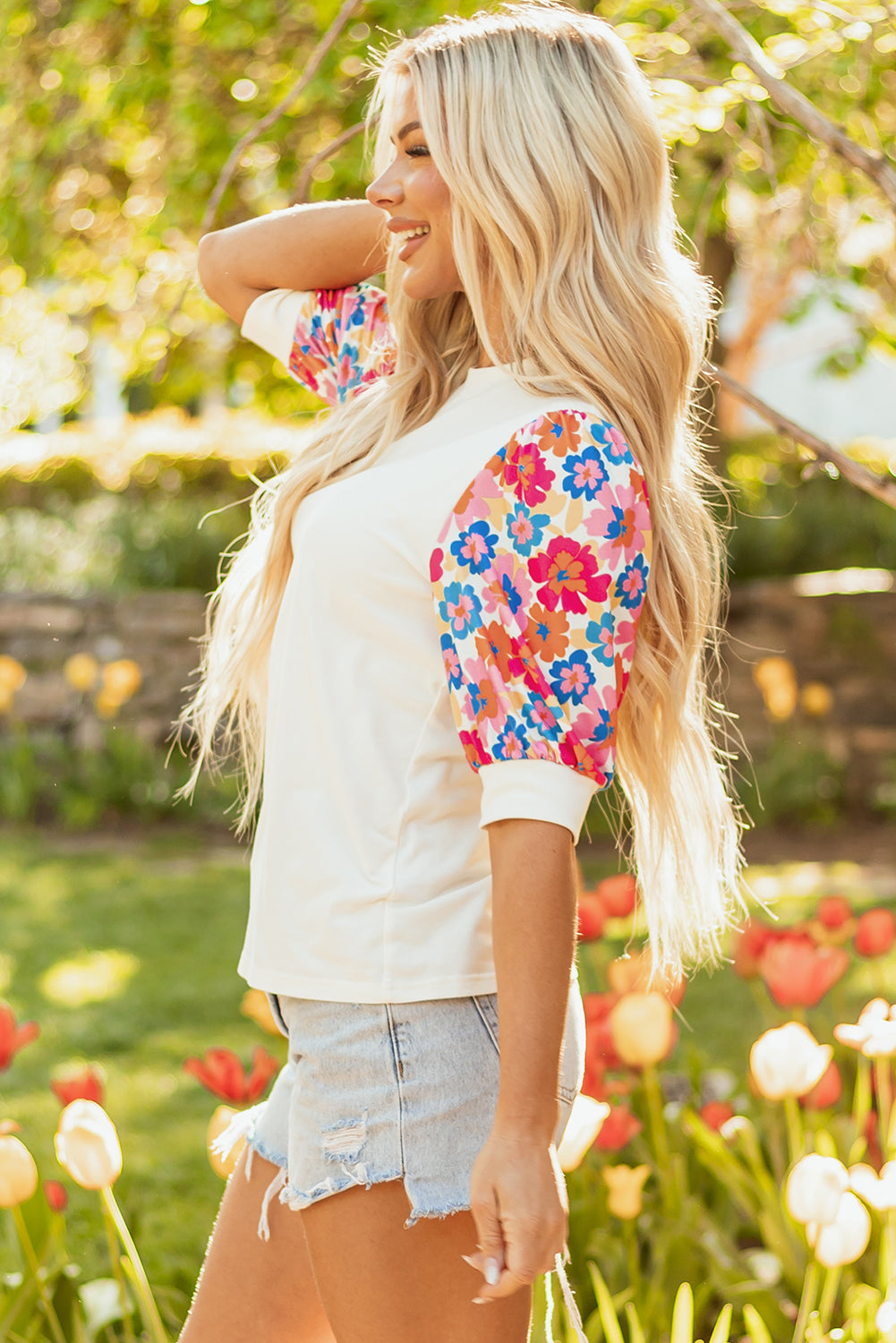 Beige Floral Puff Sleeve Patchwork Round Neck Top-Tops/Tops & Tees-[Adult]-[Female]-2022 Online Blue Zone Planet