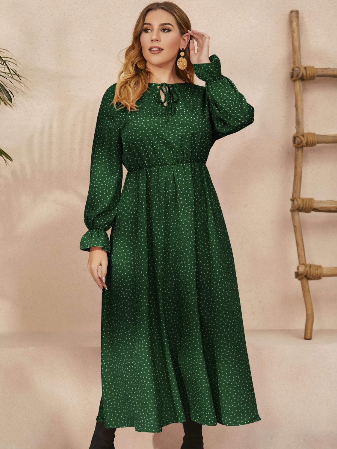 Plus Size Ruffled Polka Dot Long Sleeve Midi Dress-TOPS / DRESSES-[Adult]-[Female]-Dark Green-0XL-2022 Online Blue Zone Planet